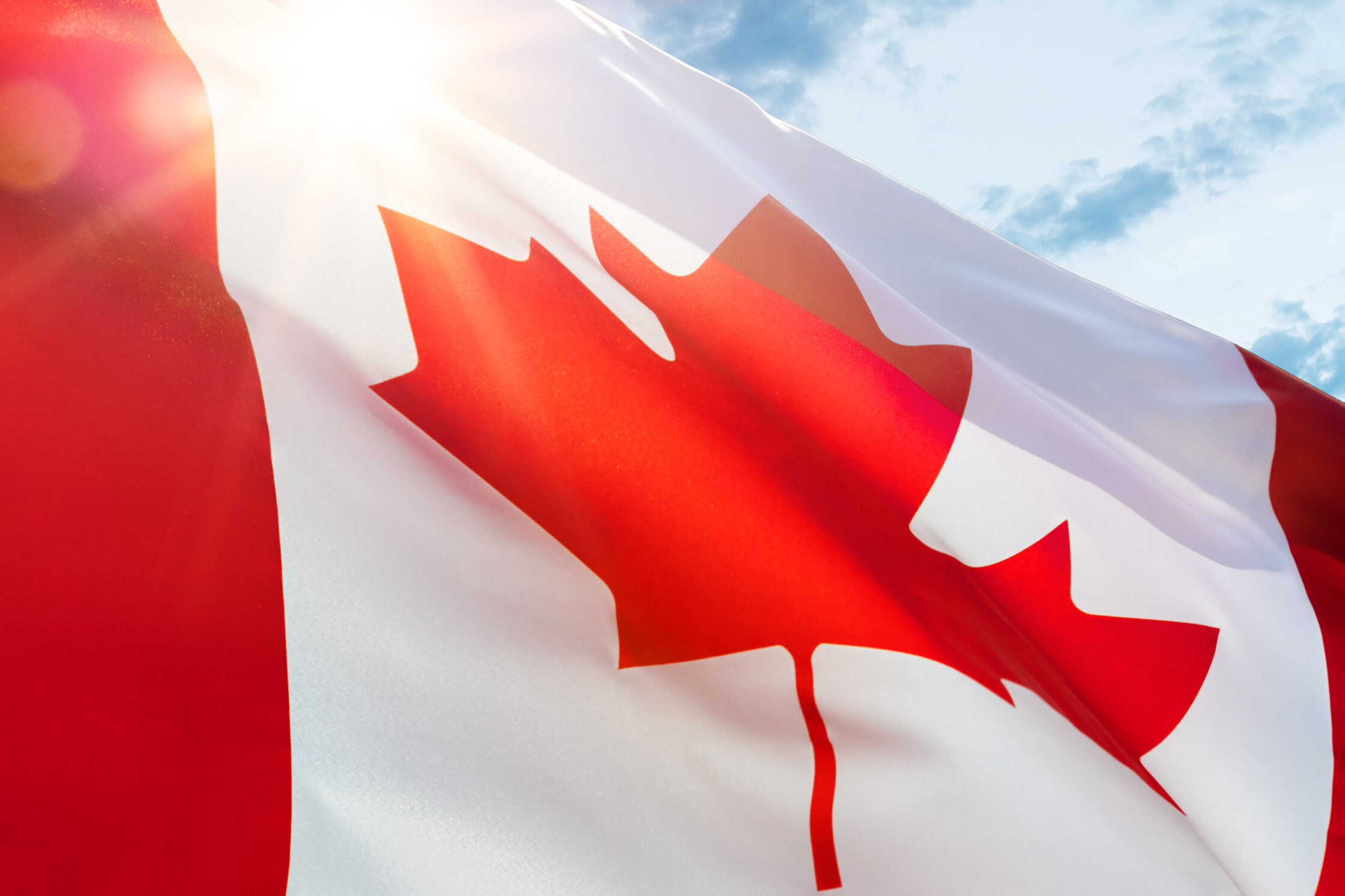 Canadian Flag with maple leaf and national colors.